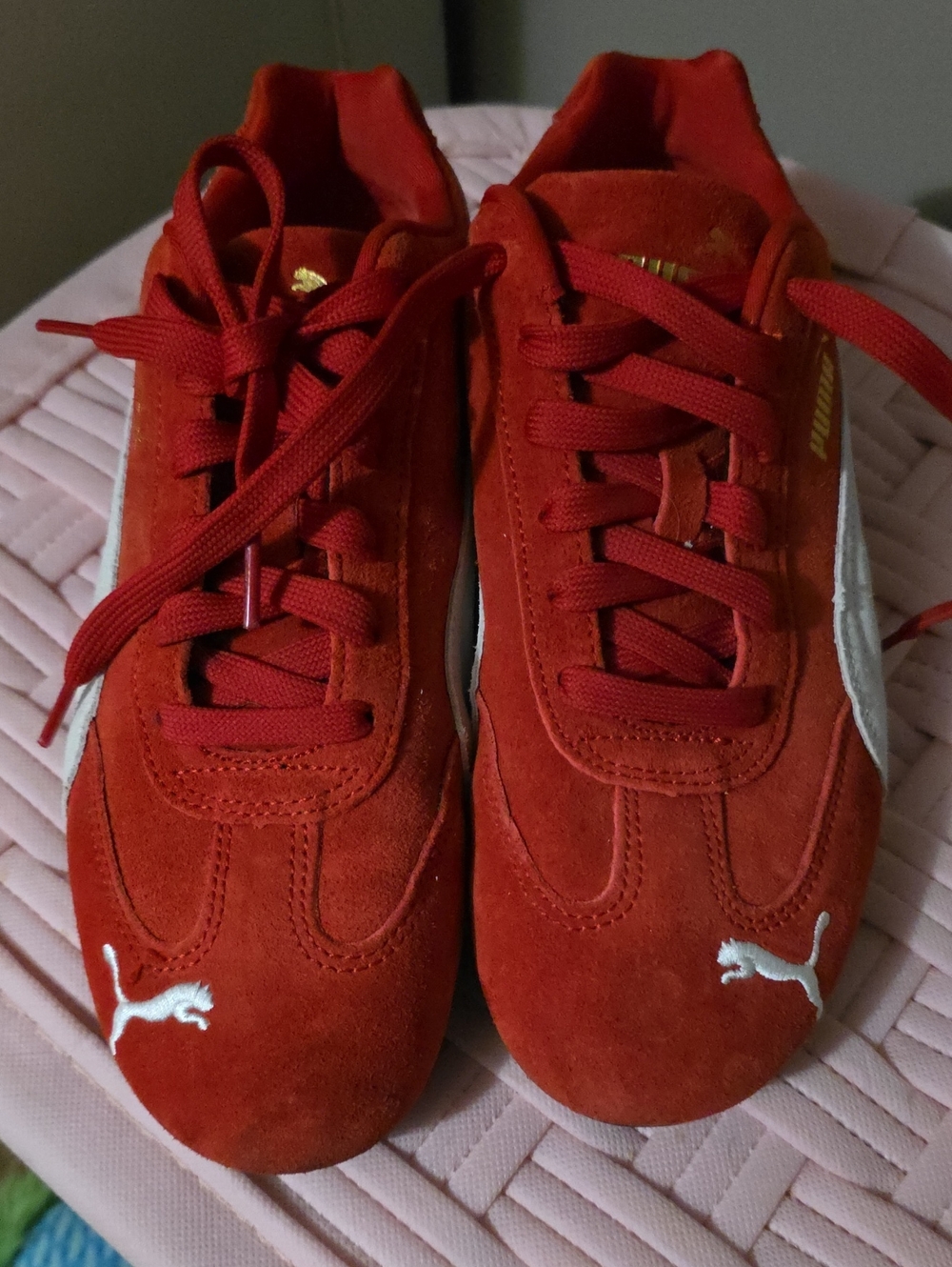 Puma Red Suede Lace-Up Sneakers with White Logo